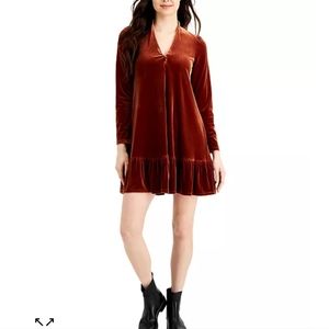 TAYLOR Long-Sleeve Trapeze Brown/ Orange Velvet Dress